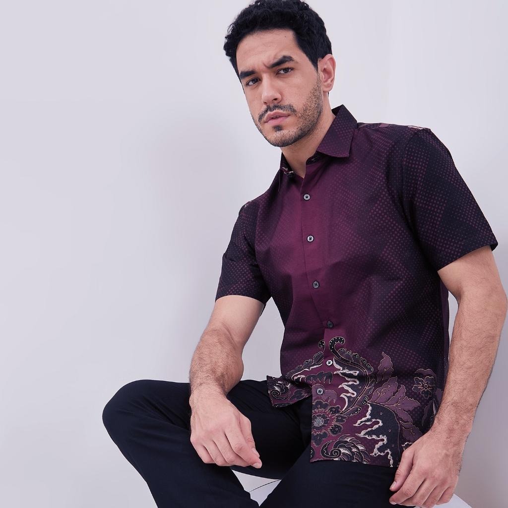 Odza Couple Set Kemeja Batik Lengan Pendek Pria Rompi Wanita Outer Vest Luaran Allsize Merah Maroon