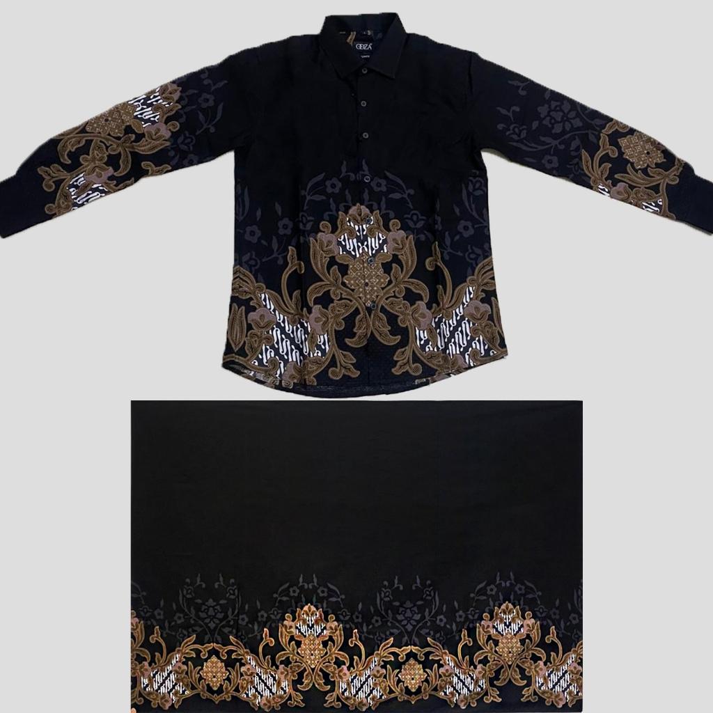 Set Kemeja Lengan Panjang Rok Lilit Couple Batik Kebaya Jumputan Pria Wanita Hitam Katun Slim Fit Hem Motif Hanusa Baju Atasan Kondangan Pasangan Songket Sarimbit Dewasa