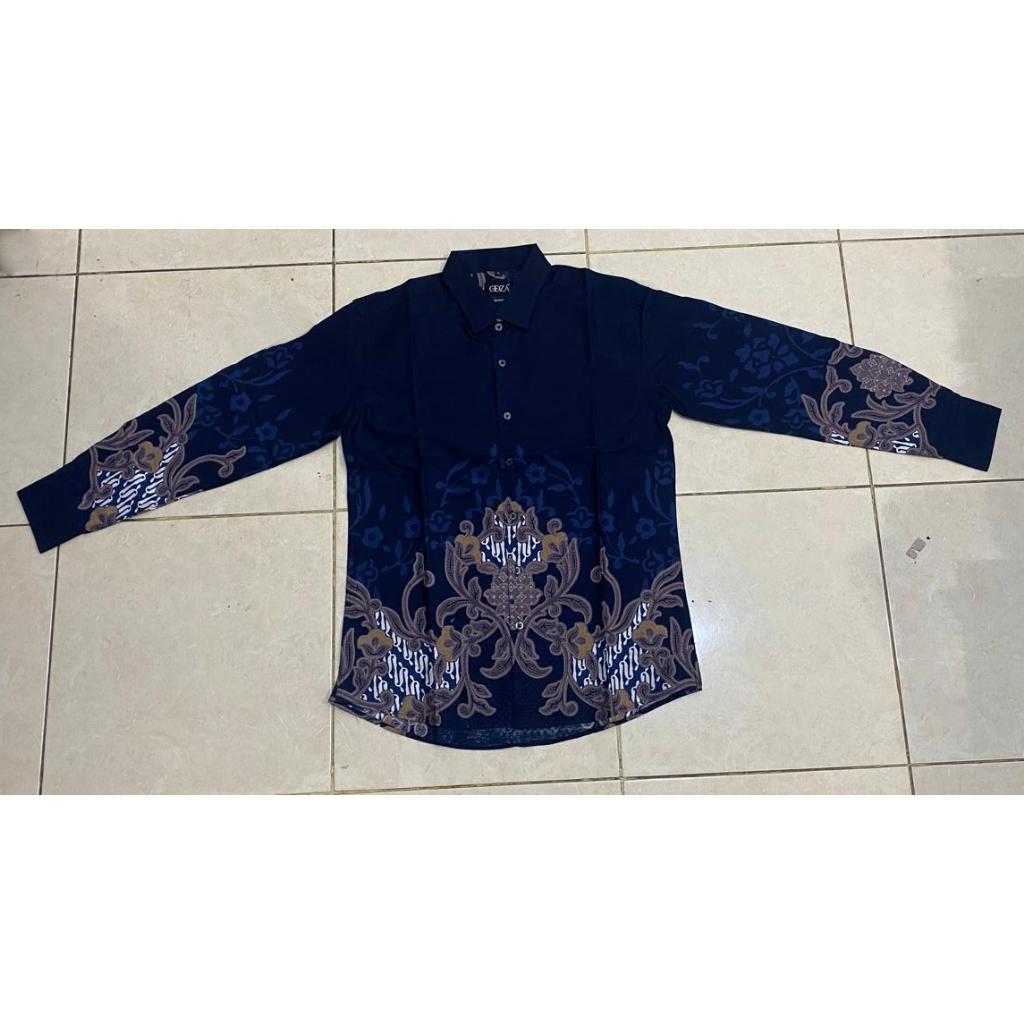 Odza Kemeja Batik Katun Lembut Lengan Panjang Modern Pria Baju Hem Slim Fit Regular Casual Biru Navy Motif Prawara Formal Kantor Kerja Cowok Dewasa