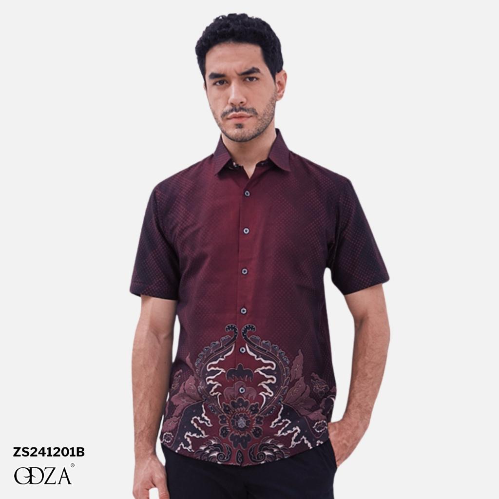 Odza Couple Set Kemeja Batik Lengan Pendek Pria Rompi Wanita Outer Vest Luaran Allsize Merah Maroon