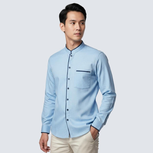 Odza Baju Koko Pria Lengan Panjang Polos Slim Fit Baju Kemeja Kerah Mandarin Kermana Biru Muda