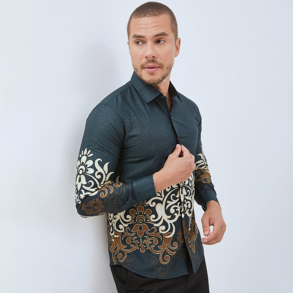 Odza Baju Atasan Batik Solo Slim dan Regular Fit Modern Lengan Panjang Hijau Kurama