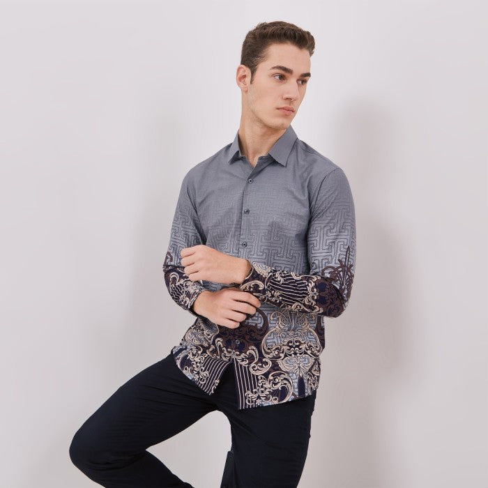 Odza Baju Atasan Kemeja Batik Pria Modern Slim Fit Solo Lengan Panjang Jumbo Didikia