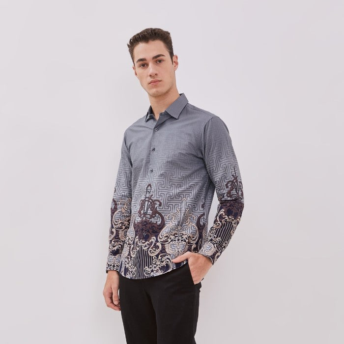 Odza Baju Atasan Kemeja Batik Pria Modern Slim Fit Solo Lengan Panjang Jumbo Didikia