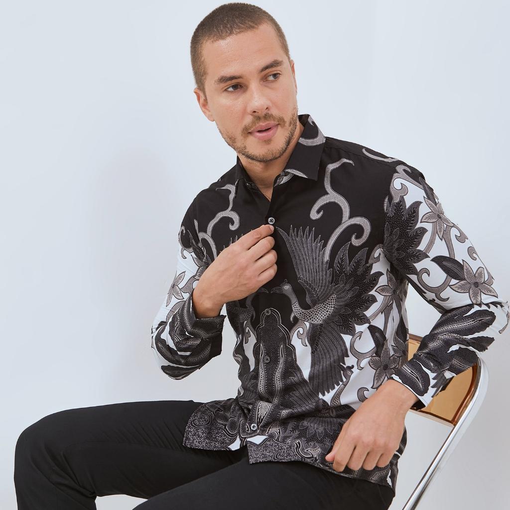 Odza Baju Kemeja Batik Hitam Lengan Panjang Pria Slim Fit Jumbo Pola Besar