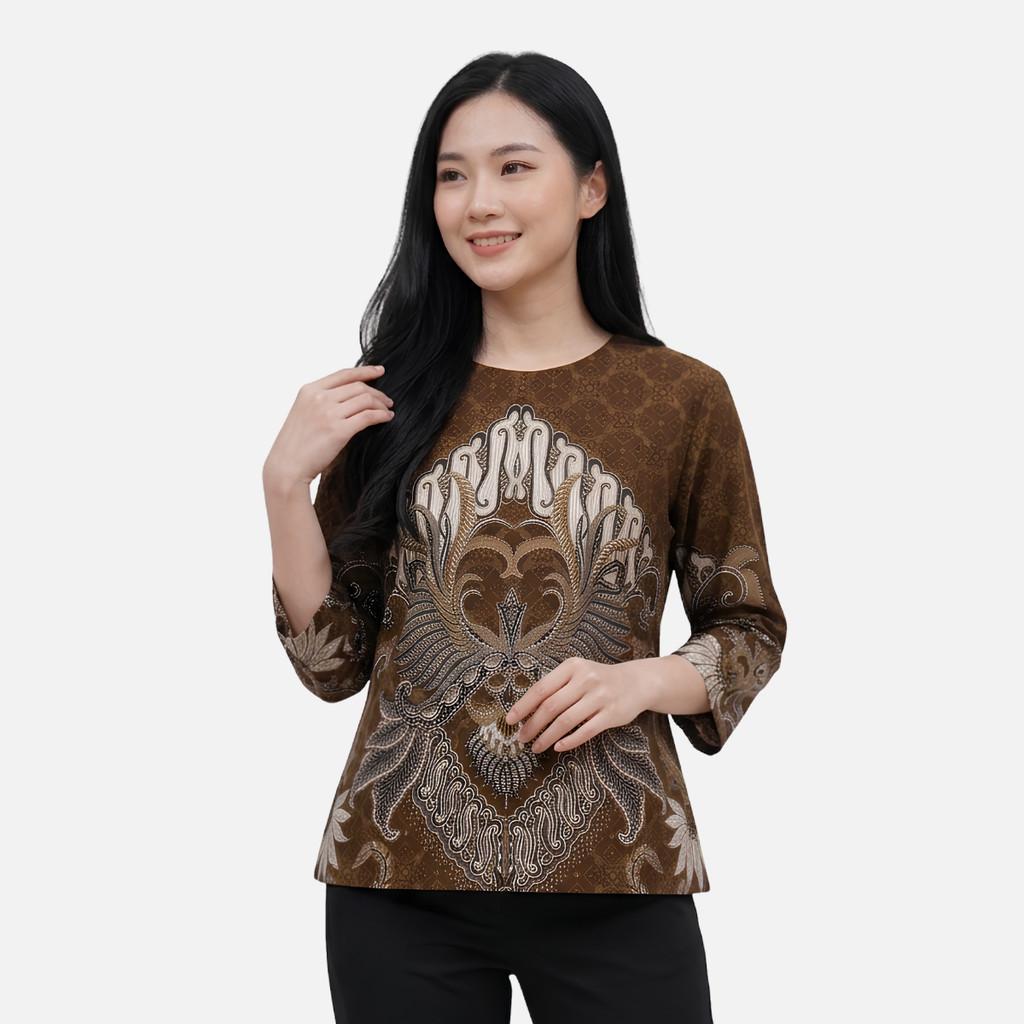 Odza Blouse Batik Wanita Lengan 7/8 Atasan Kemeja Kerja Kondangan Modern Katun Premium Arunawa Hitam Coklat