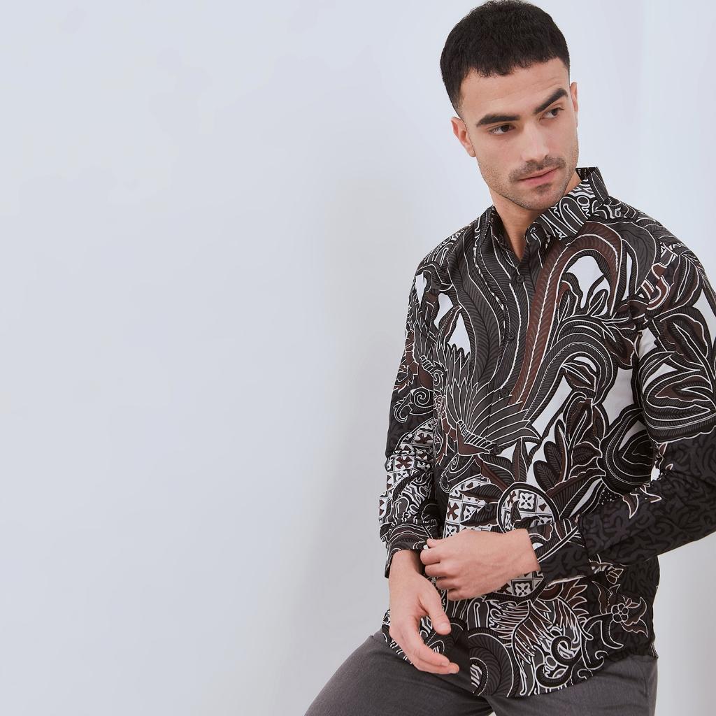 ODZACLASSIC Kemeja Batik Pria Salena Lengan Panjang Slim Fit Jumbo Modern Coklat & Hitam Motif Batik Kombinasi Katun Nyaman Formal Motif Motif