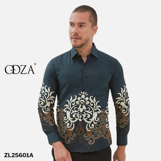 Odza Baju Kemeja Batik Slim Regular Fit Pria Lengan Panjang Modern Hitam Abu tua Waradana