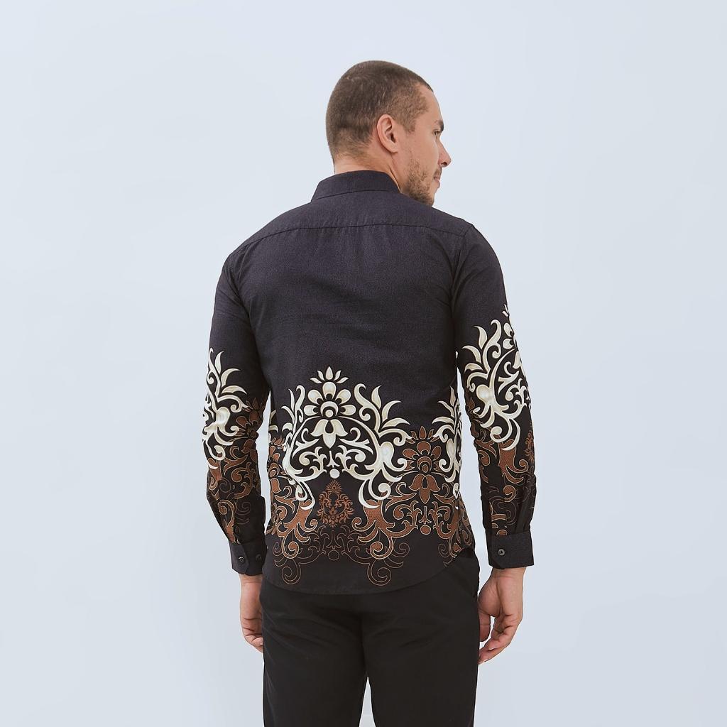 Odza Baju Kemeja Batik Slim Regular Fit Pria Lengan Panjang Modern Hitam Abu tua Waradana