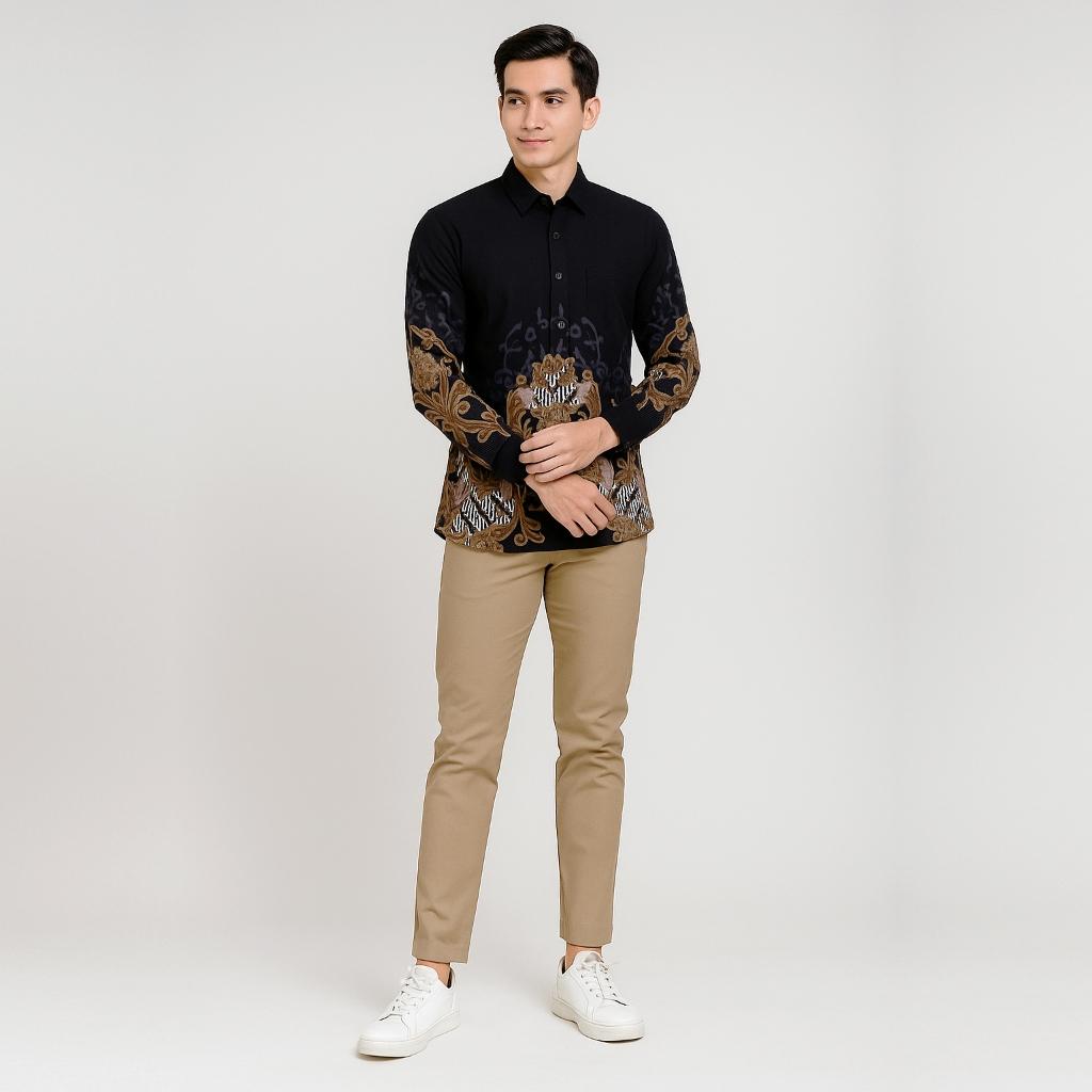 Odza Kemeja Batik Lengan Panjang Pria Slimfit Regular Fit Modern Katun Kombinasi Formal Nyaman Motif Hitam Wistara Baju Hem Songket Casual Kerja Kantor
