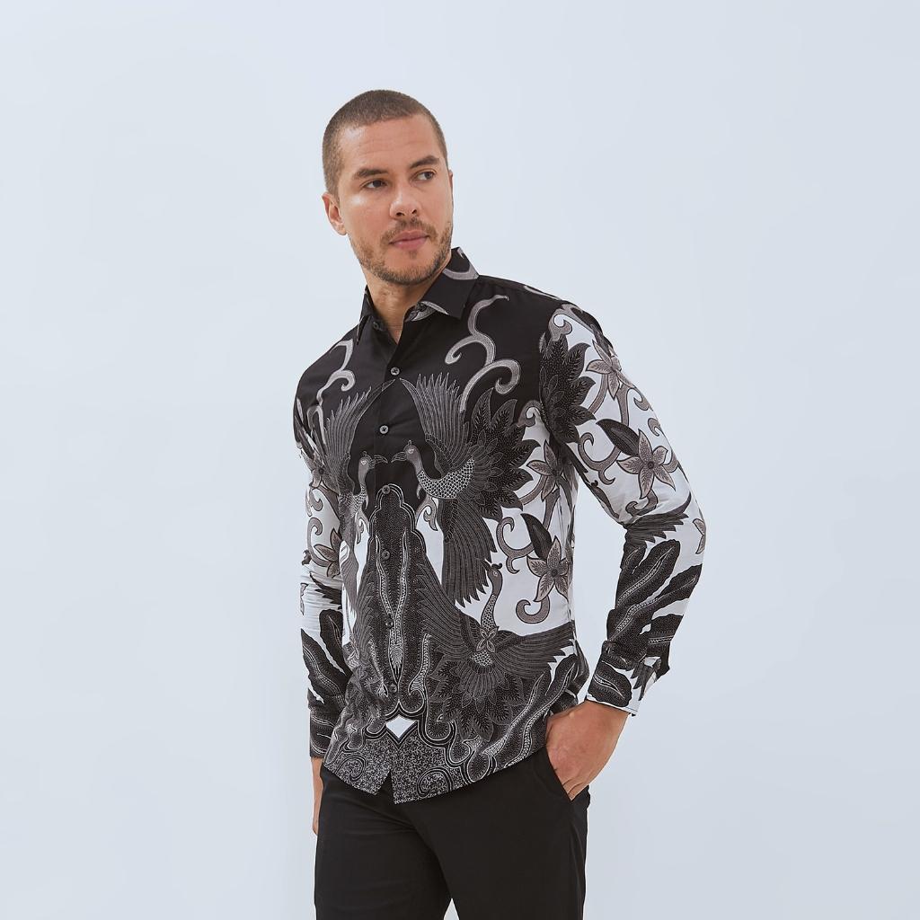 Odza Baju Kemeja Batik Hitam Lengan Panjang Pria Slim Fit Jumbo Pola Besar