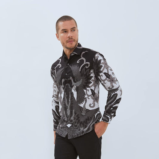 Odza Baju Kemeja Batik Hitam Lengan Panjang Pria Slim Fit Jumbo Pola Besar