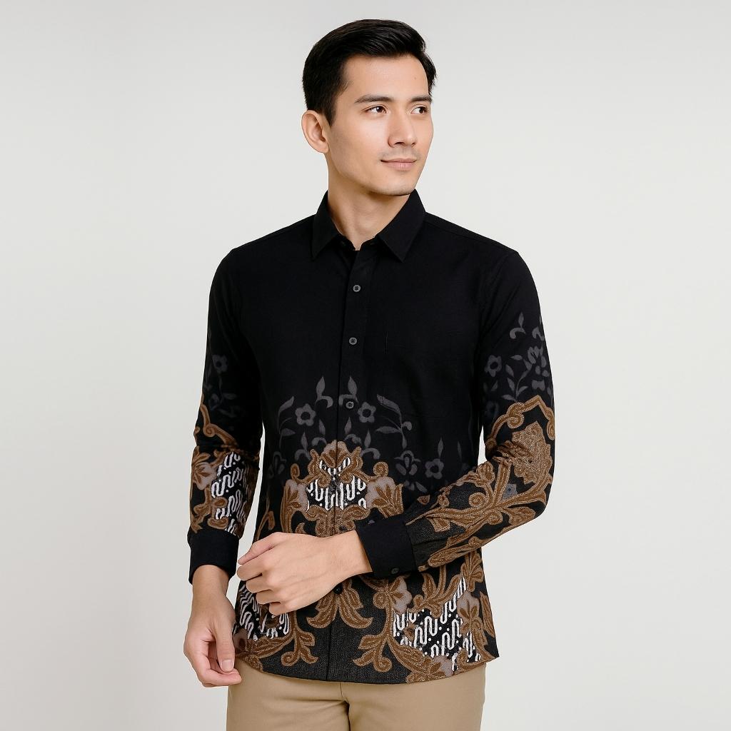 Set Kemeja Lengan Panjang Rok Lilit Couple Batik Kebaya Jumputan Pria Wanita Hitam Katun Slim Fit Hem Motif Hanusa Baju Atasan Kondangan Pasangan Songket Sarimbit Dewasa