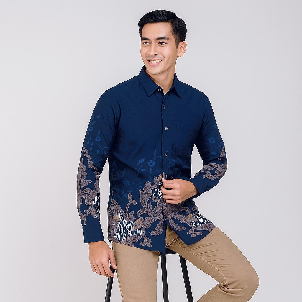 Odza Set Atasan Batik Katun Lengan Panjang Outer Luaran Bolak Balik Pasangan Pria Wanita Couple Panggenan Biru Baju Motif