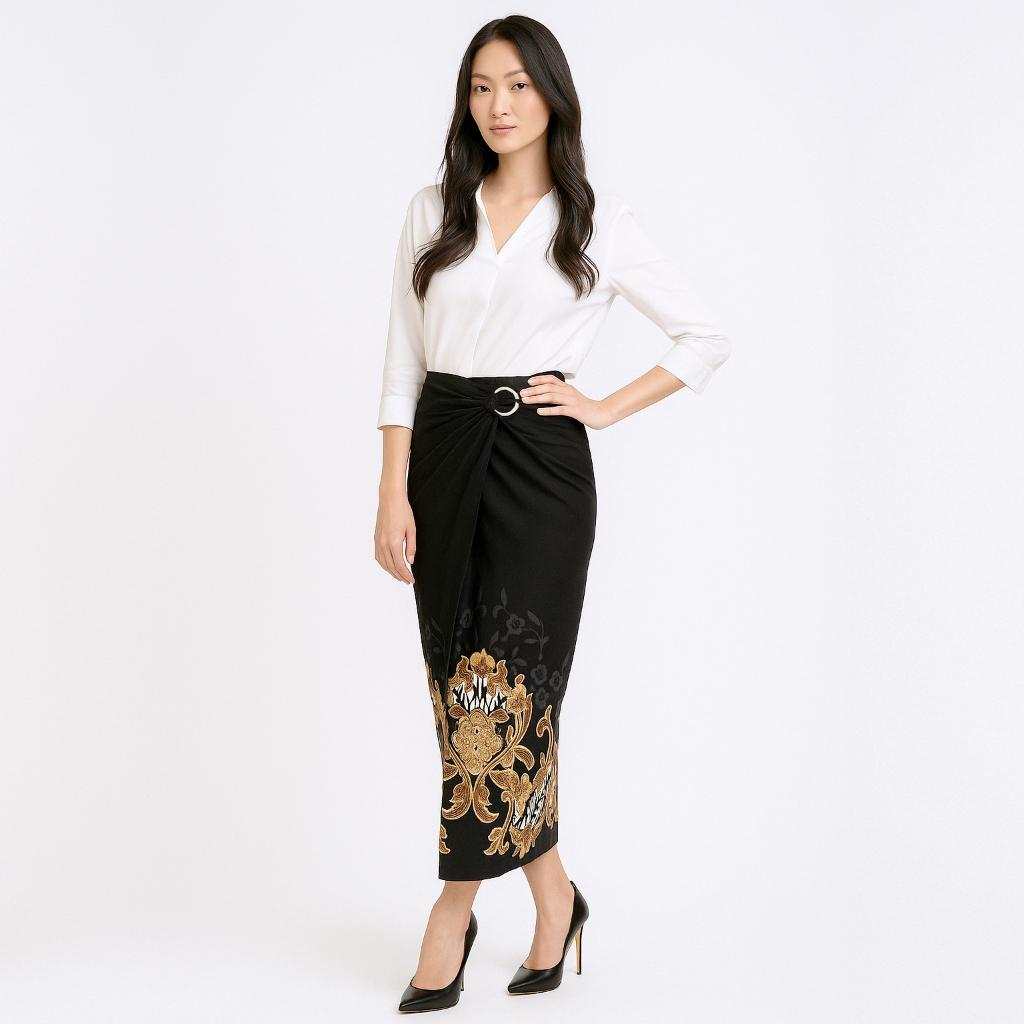 Set Kemeja Lengan Panjang Rok Lilit Couple Batik Kebaya Jumputan Pria Wanita Hitam Katun Slim Fit Hem Motif Hanusa Baju Atasan Kondangan Pasangan Songket Sarimbit Dewasa