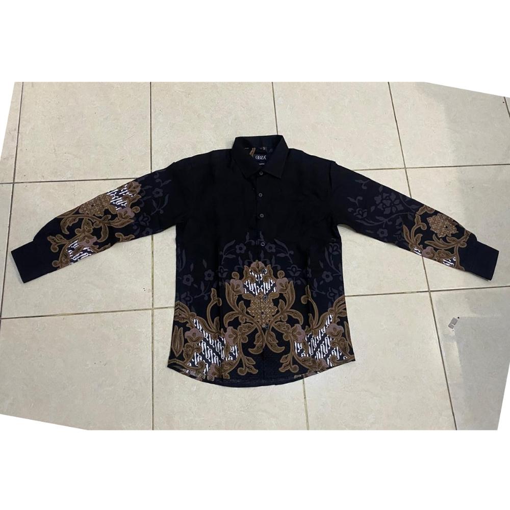 Odza Kemeja Batik Lengan Panjang Pria Slimfit Regular Fit Modern Katun Kombinasi Formal Nyaman Motif Hitam Wistara Baju Hem Songket Casual Kerja Kantor