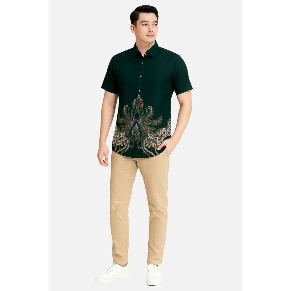 Odza Set Batik Couple Kemeja Rok Lilit Hem Couple Pria Kebaya Wanita Lengan Pendek Jumputan Hitam Priyatama Motif Setelan