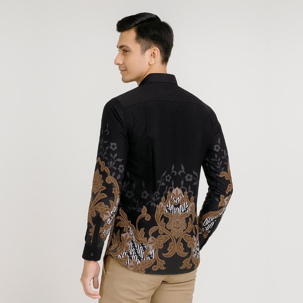 Odza Kemeja Batik Lengan Panjang Pria Slimfit Regular Fit Modern Katun Kombinasi Formal Nyaman Motif Hitam Wistara Baju Hem Songket Casual Kerja Kantor