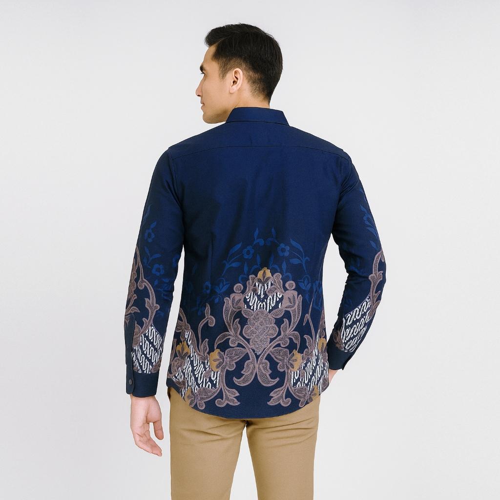Odza Kemeja Batik Katun Lembut Lengan Panjang Modern Pria Baju Hem Slim Fit Regular Casual Biru Navy Motif Prawara Formal Kantor Kerja Cowok Dewasa