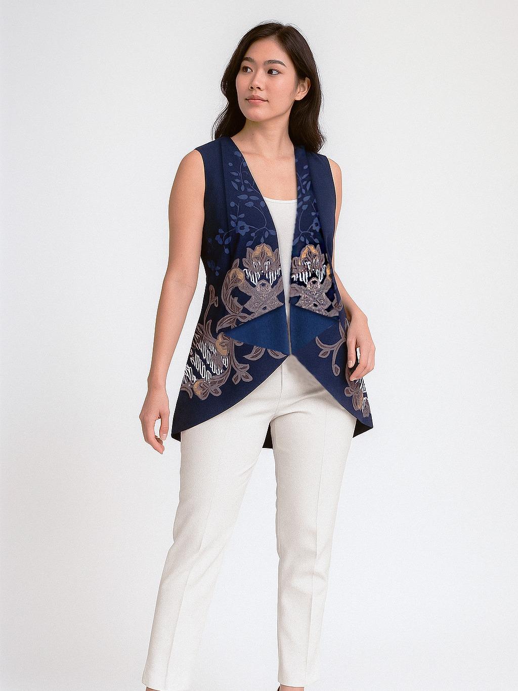 Odza Baju Outer Luaran Atasan Motif Batik Kombinasi Rompi Katun Pesta Wanita Cantik Bolak Balik Panggenan Biru