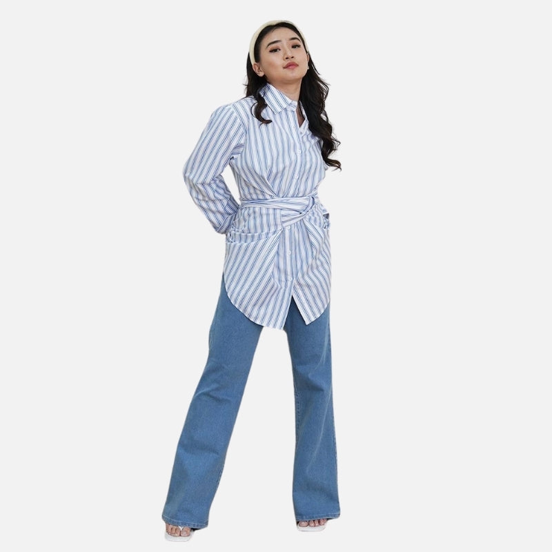 Kemeja Wanita Motif Garis Kekinian Lengan Panjang Oversize