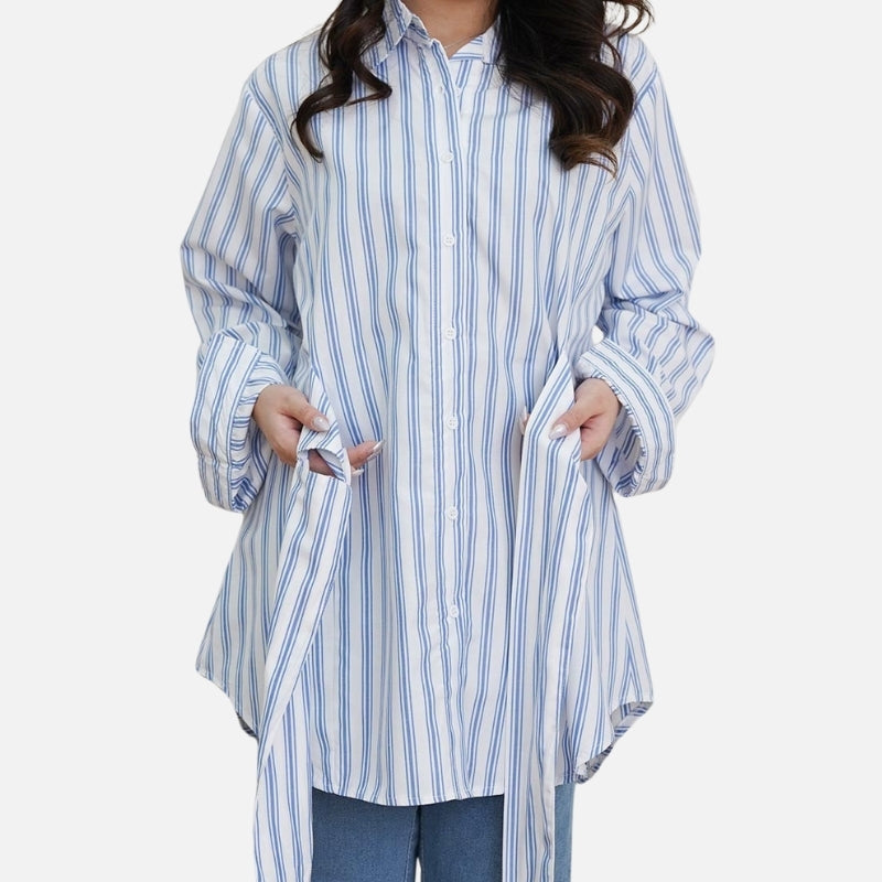 Kemeja Wanita Motif Garis Kekinian Lengan Panjang Oversize
