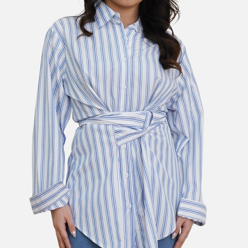 Kemeja Wanita Motif Garis Kekinian Lengan Panjang Oversize