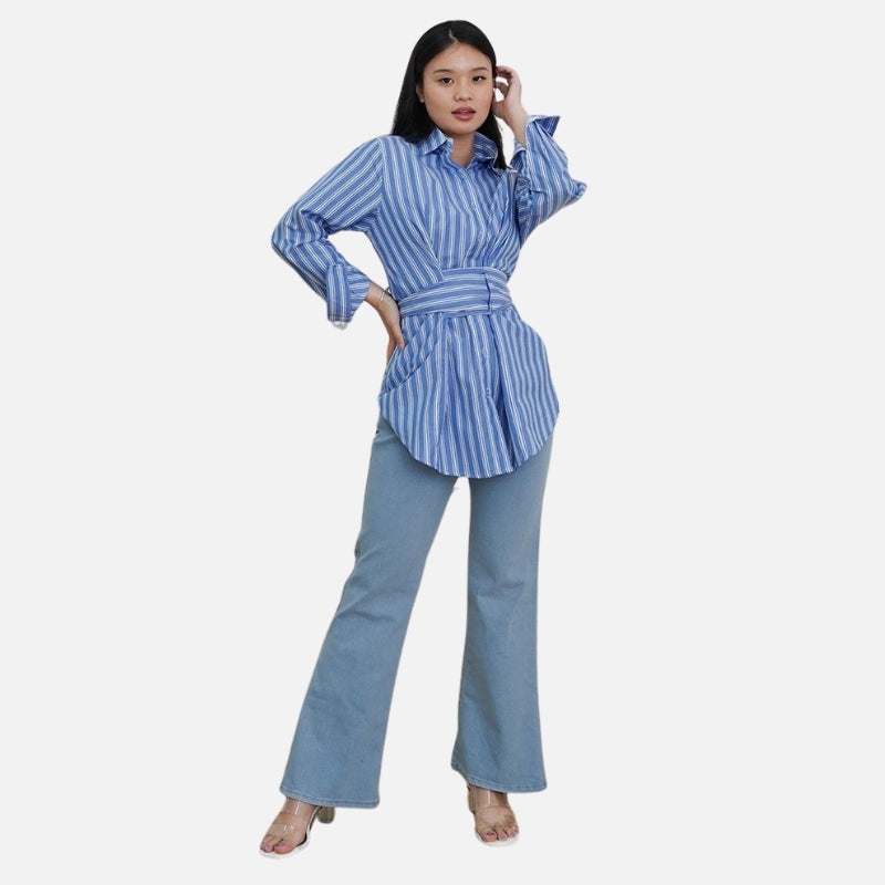 Kemeja Wanita Motif Garis Kekinian Lengan Panjang Oversize