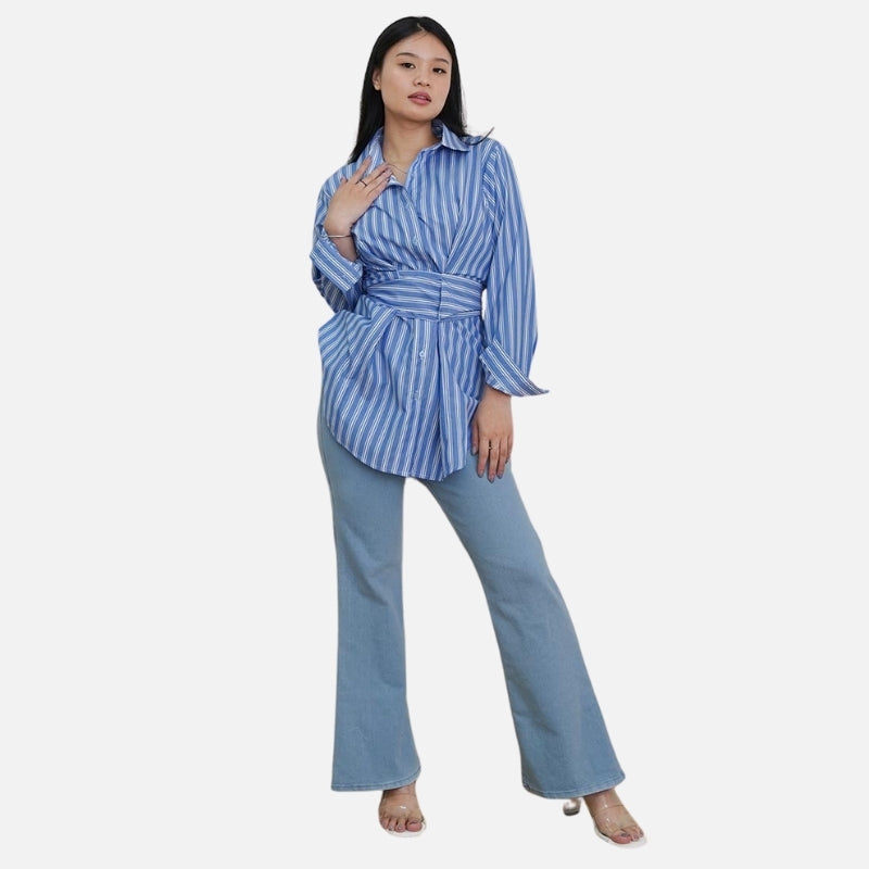 Kemeja Wanita Motif Garis Kekinian Lengan Panjang Oversize