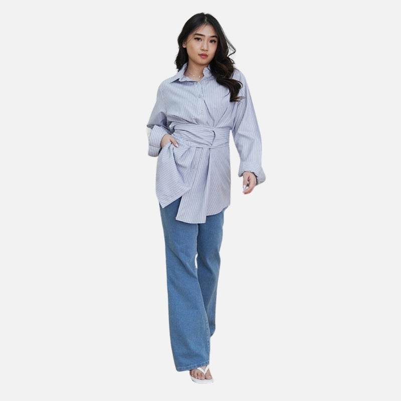 Kemeja Wanita Motif Garis Kekinian Lengan Panjang Oversize