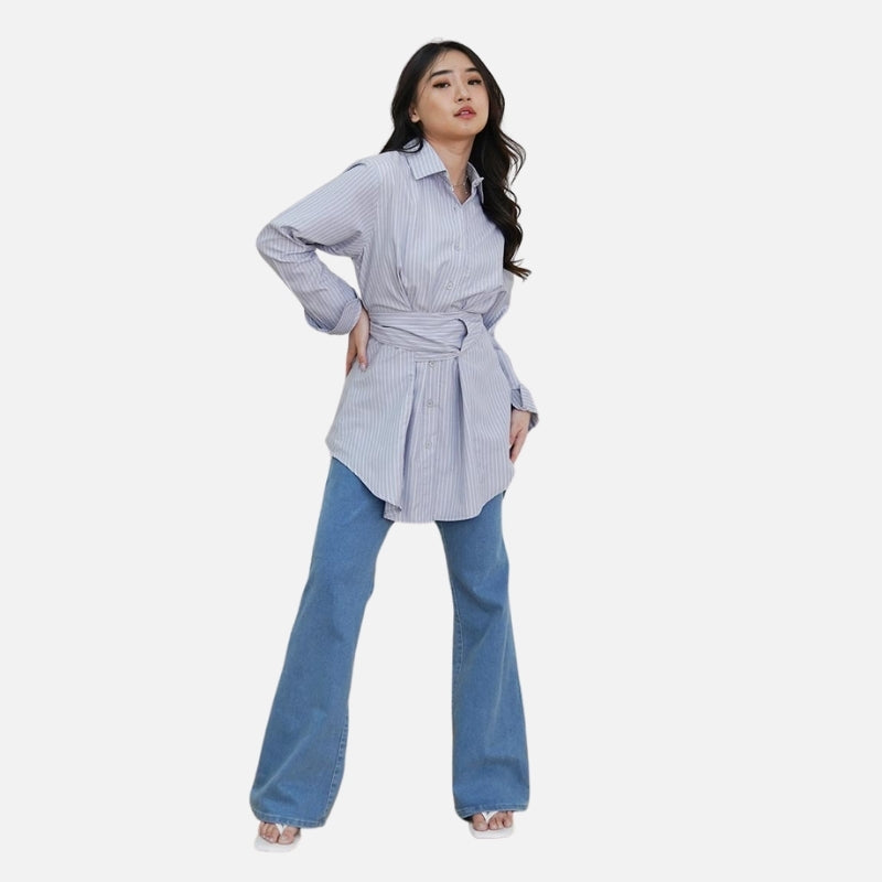 Kemeja Wanita Motif Garis Kekinian Lengan Panjang Oversize