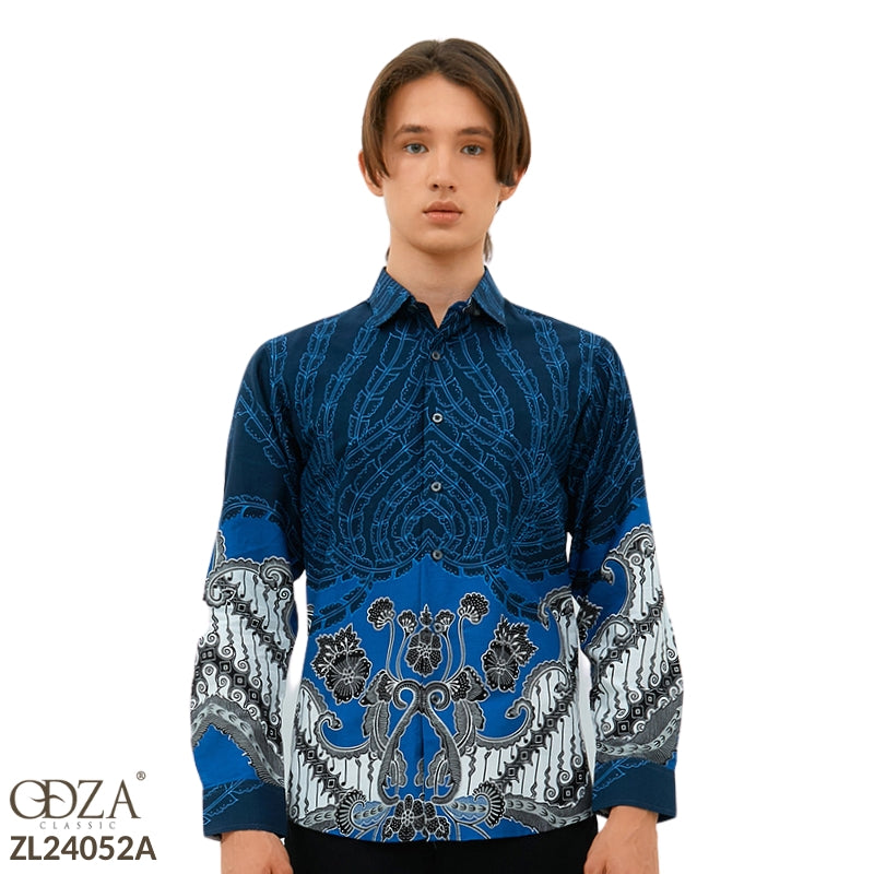 Odza Baju Atasan Batik Pria Lengan Panjang Pola Slim Fit Ambara Biru Navy