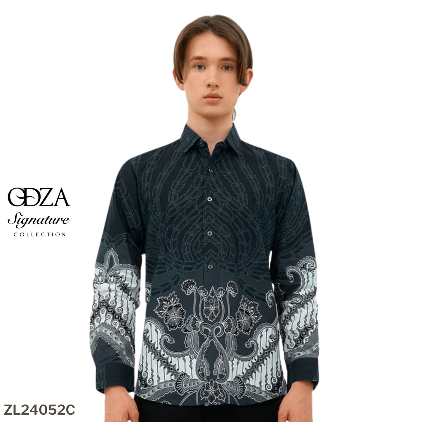 Odza Kemeja Batik Lengan Panjang Pria Pola Slim Fit Pradana Abu Gelap
