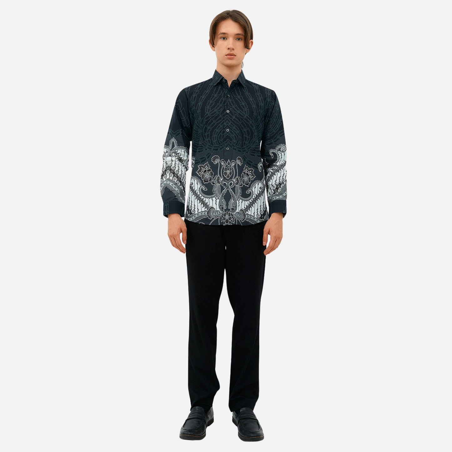 Odza Kemeja Batik Lengan Panjang Pria Pola Slim Fit Pradana Abu Gelap