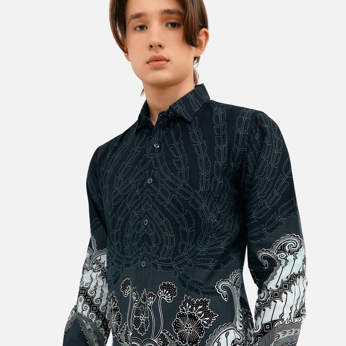 Odza Kemeja Batik Lengan Panjang Pria Pola Slim Fit Pradana Abu Gelap