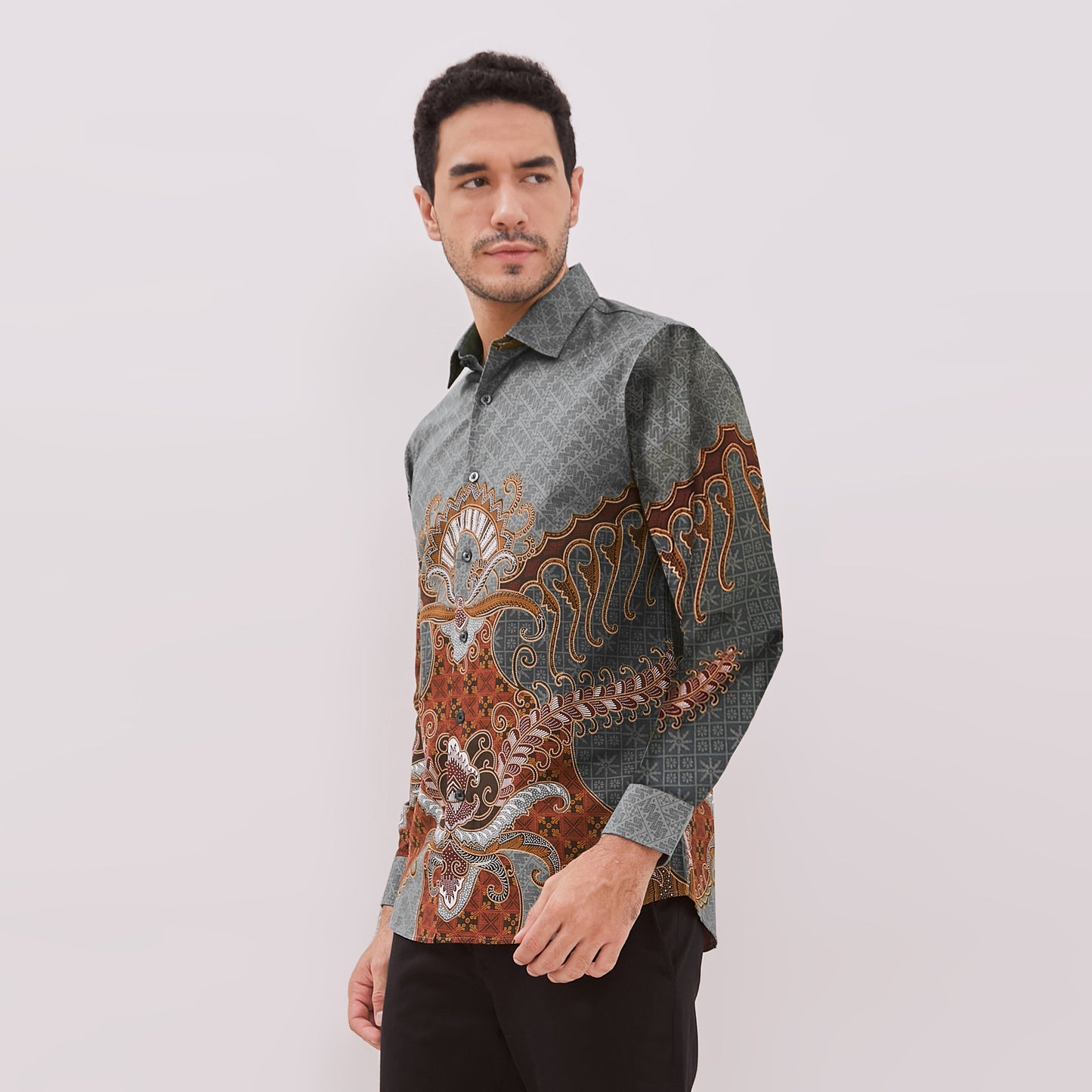 Odza Baju Batik Lengan Panjang Pria Pola Kemeja Slim Fit Abu-abu Ramesha
