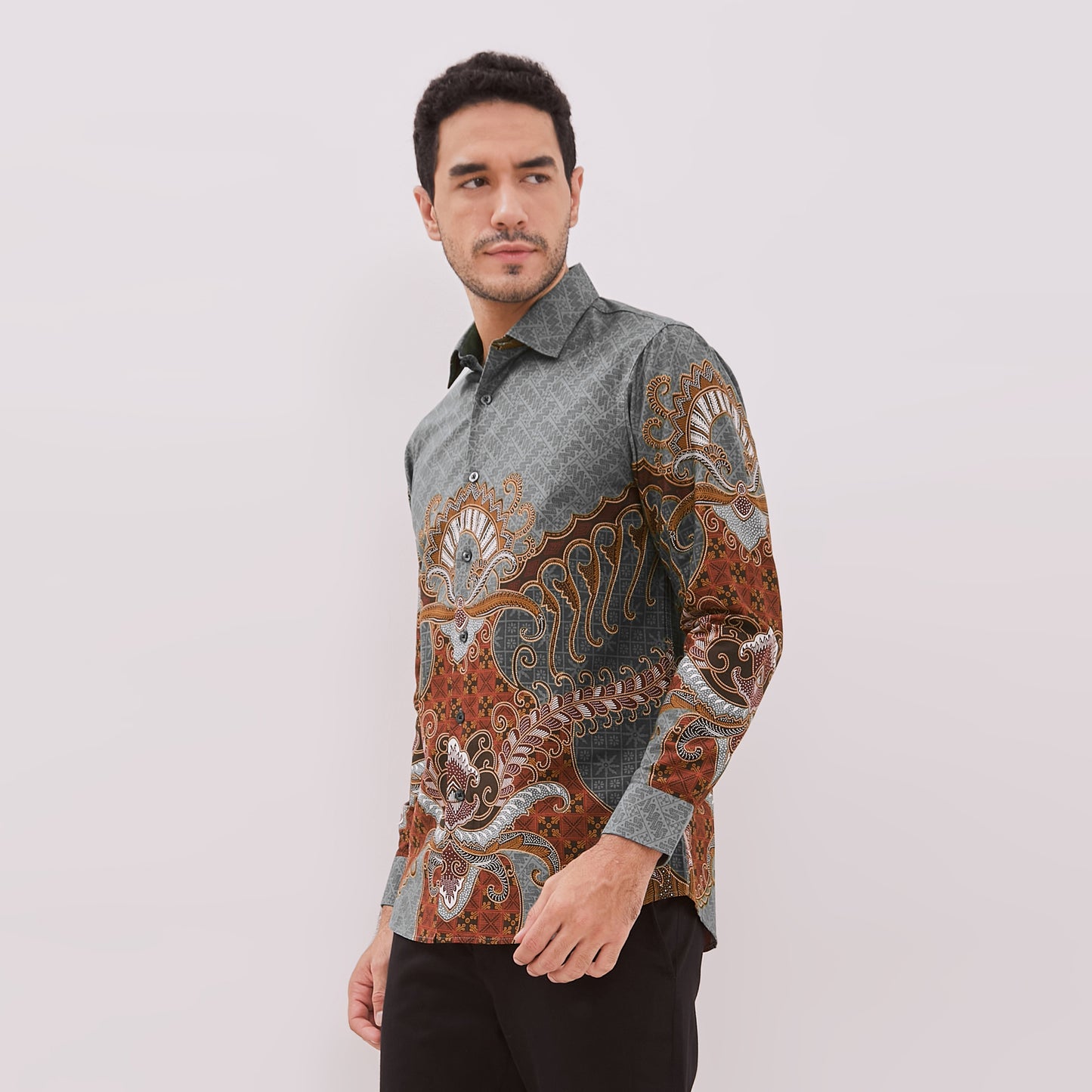 Odza Baju Batik Lengan Panjang Pria Pola Kemeja Slim Fit Abu-abu Ramesha