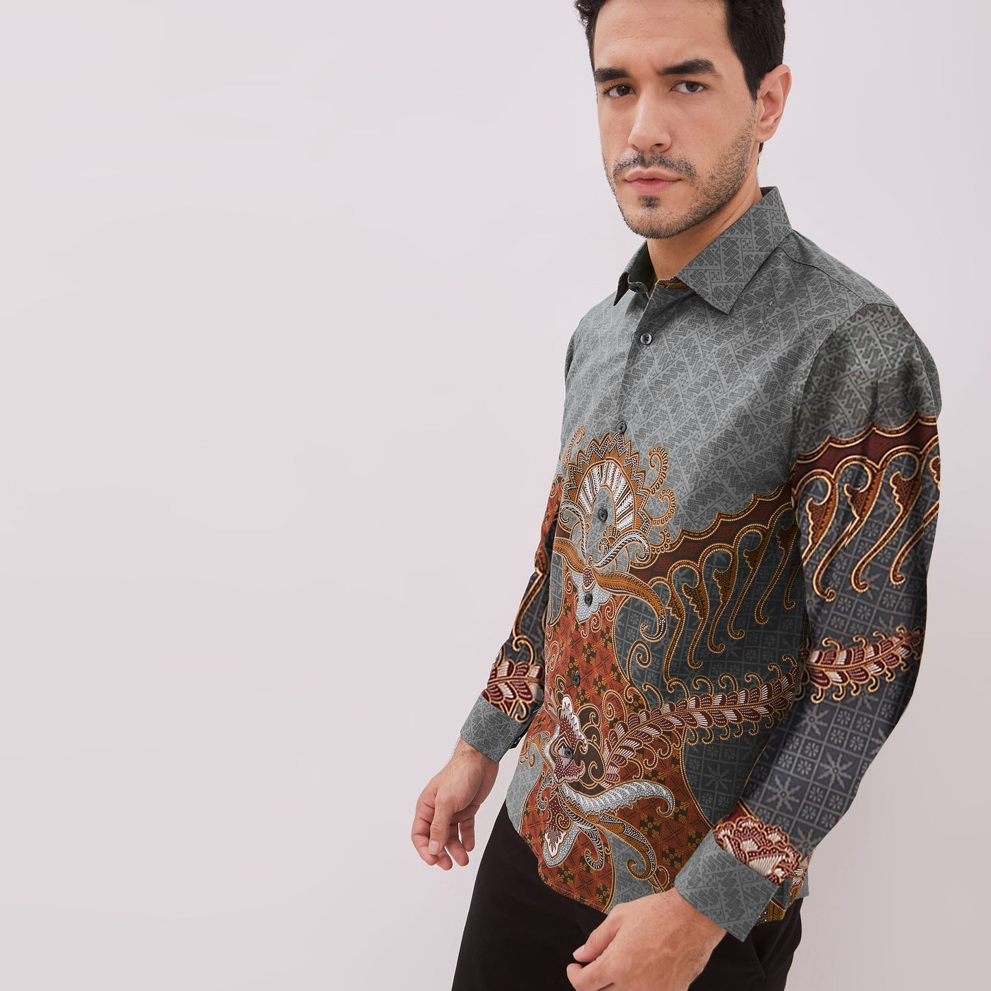 Odza Baju Batik Lengan Panjang Pria Pola Kemeja Slim Fit Abu-abu Ramesha