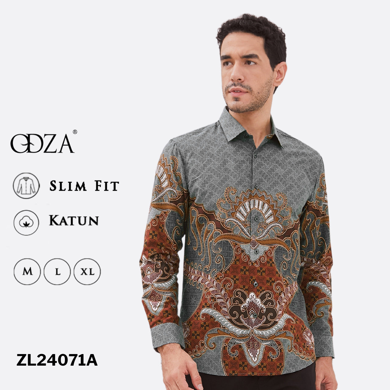 Odza Baju Batik Lengan Panjang Pria Pola Kemeja Slim Fit Abu-abu Ramesha