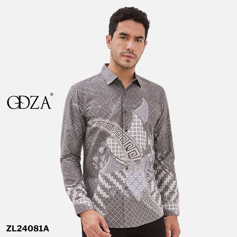 Odza Baju Batik Pesta Lengan Panjang Pria Slim Fit Panggenan Abu-abu