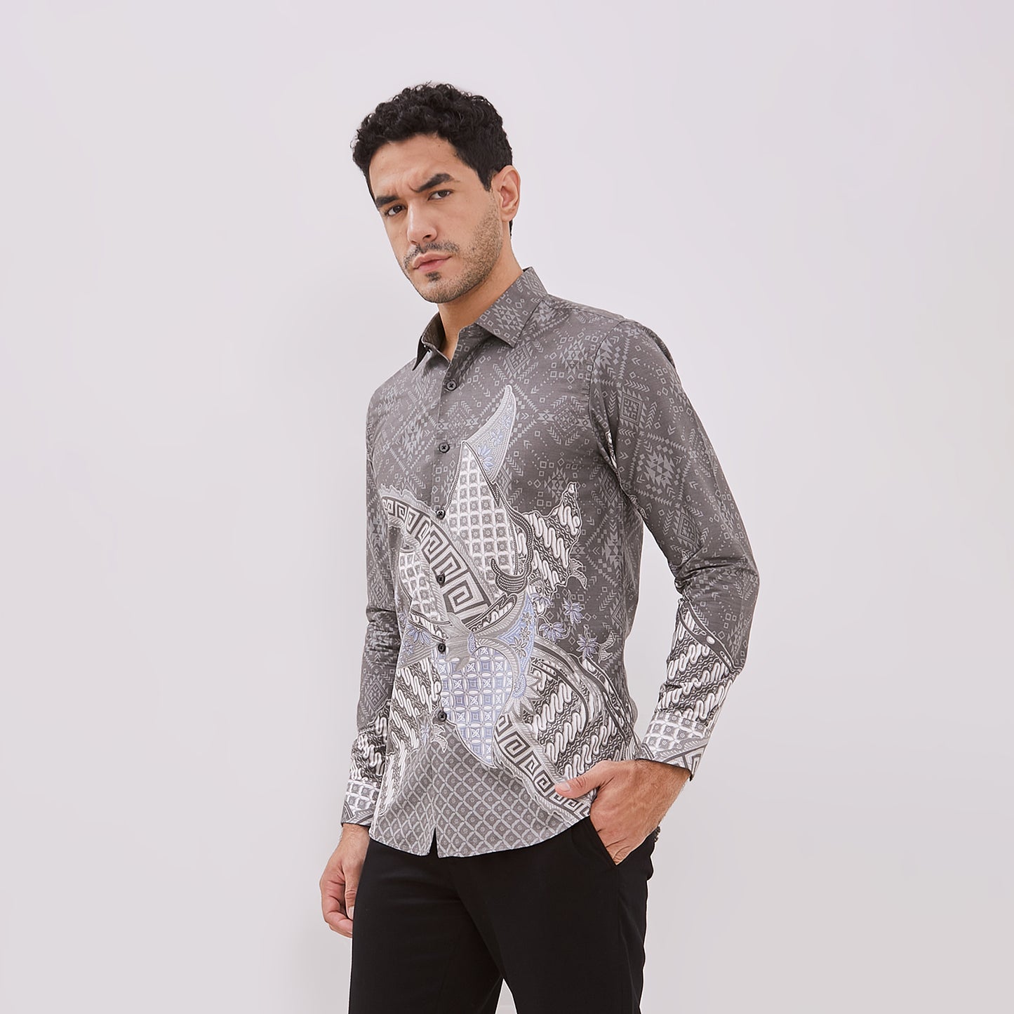 Odza Baju Batik Pesta Lengan Panjang Pria Slim Fit Panggenan Abu-abu