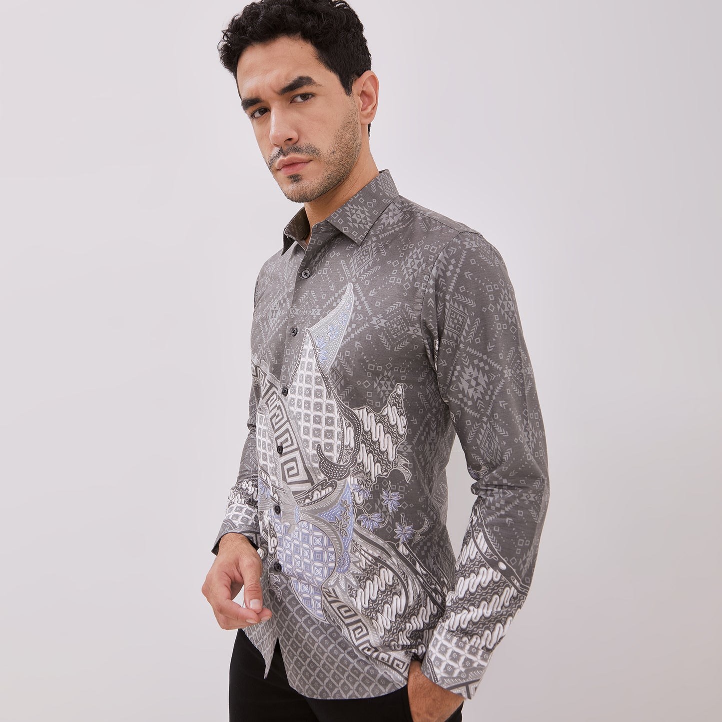 Odza Baju Batik Pesta Lengan Panjang Pria Slim Fit Panggenan Abu-abu