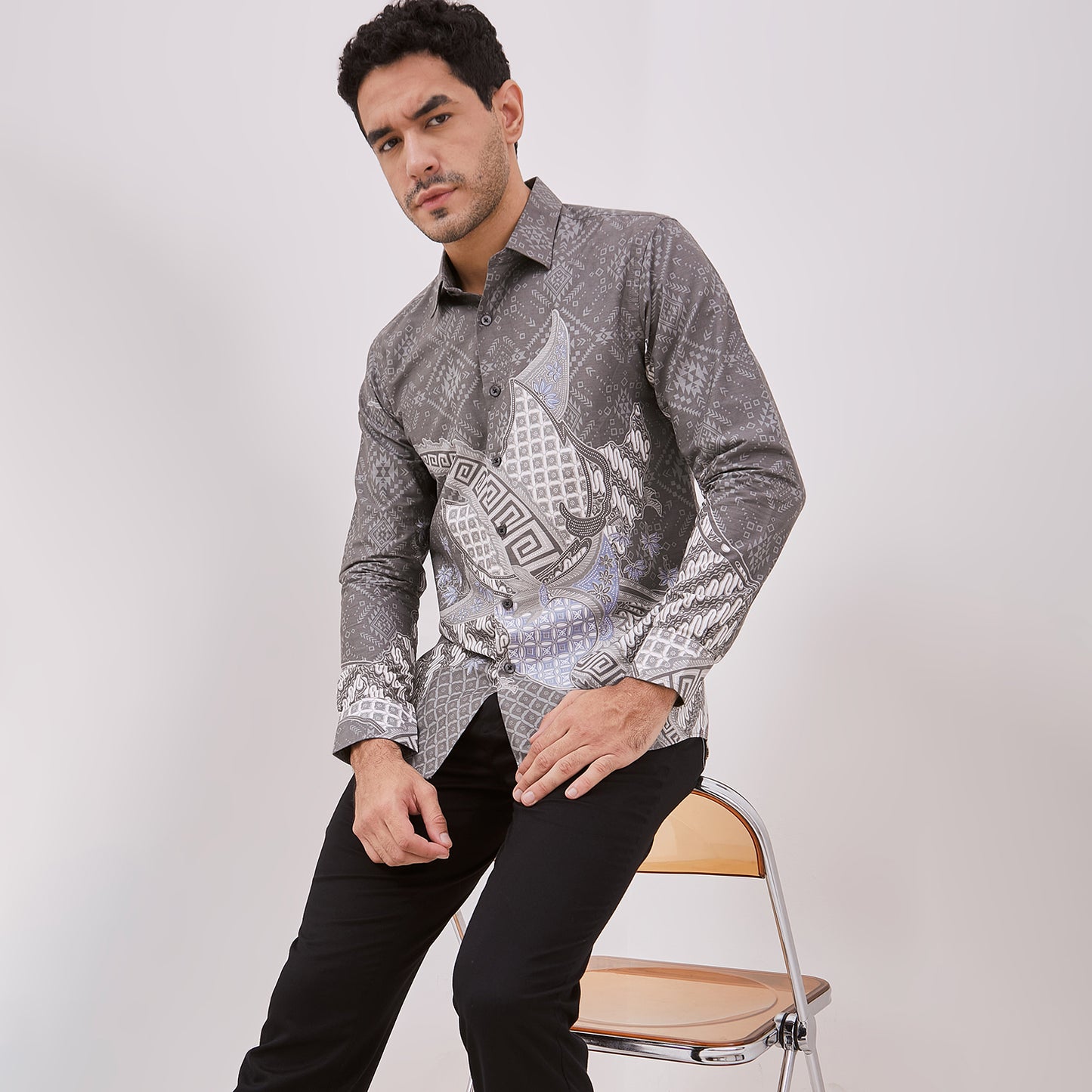 Odza Baju Batik Pesta Lengan Panjang Pria Slim Fit Panggenan Abu-abu