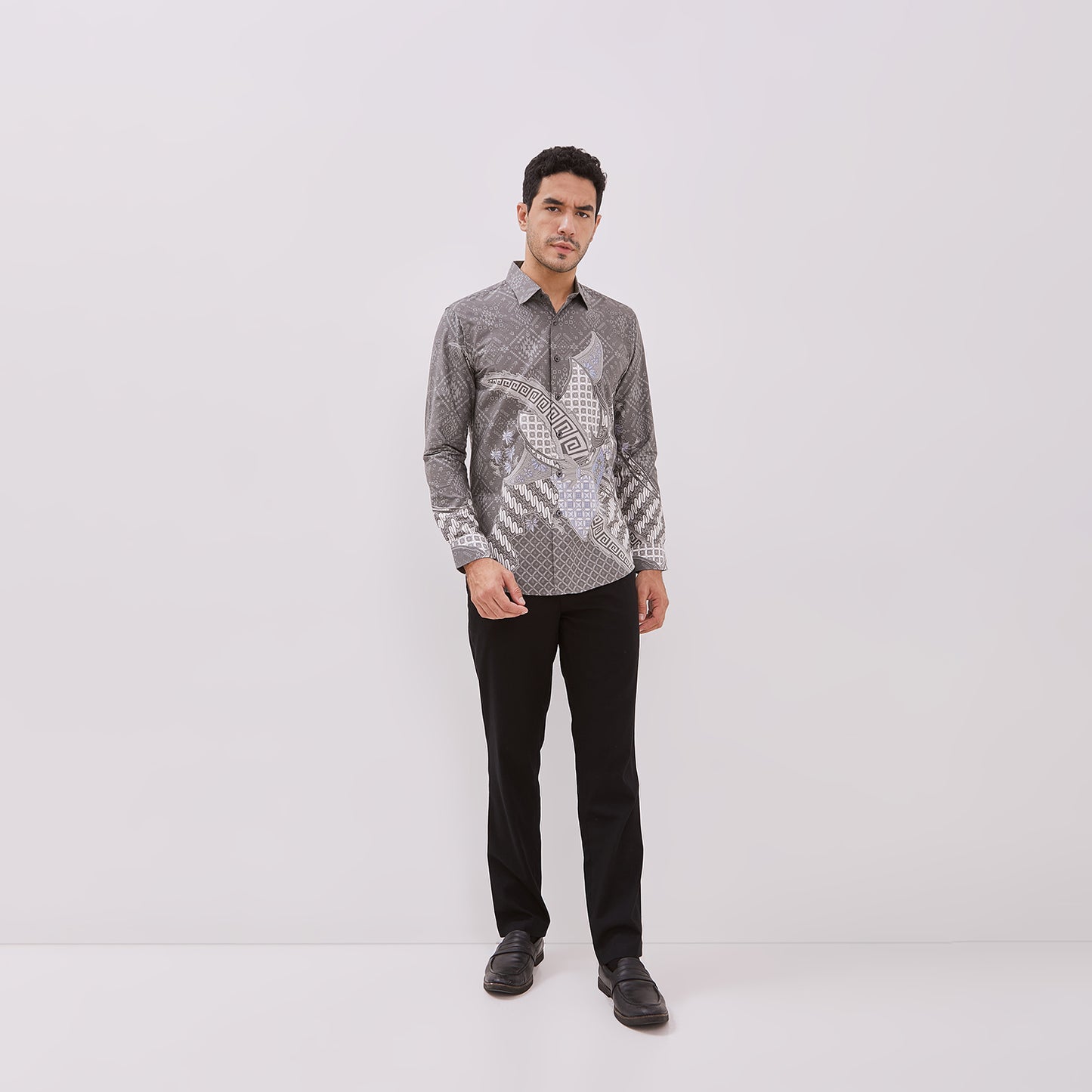 Odza Baju Batik Pesta Lengan Panjang Pria Slim Fit Panggenan Abu-abu
