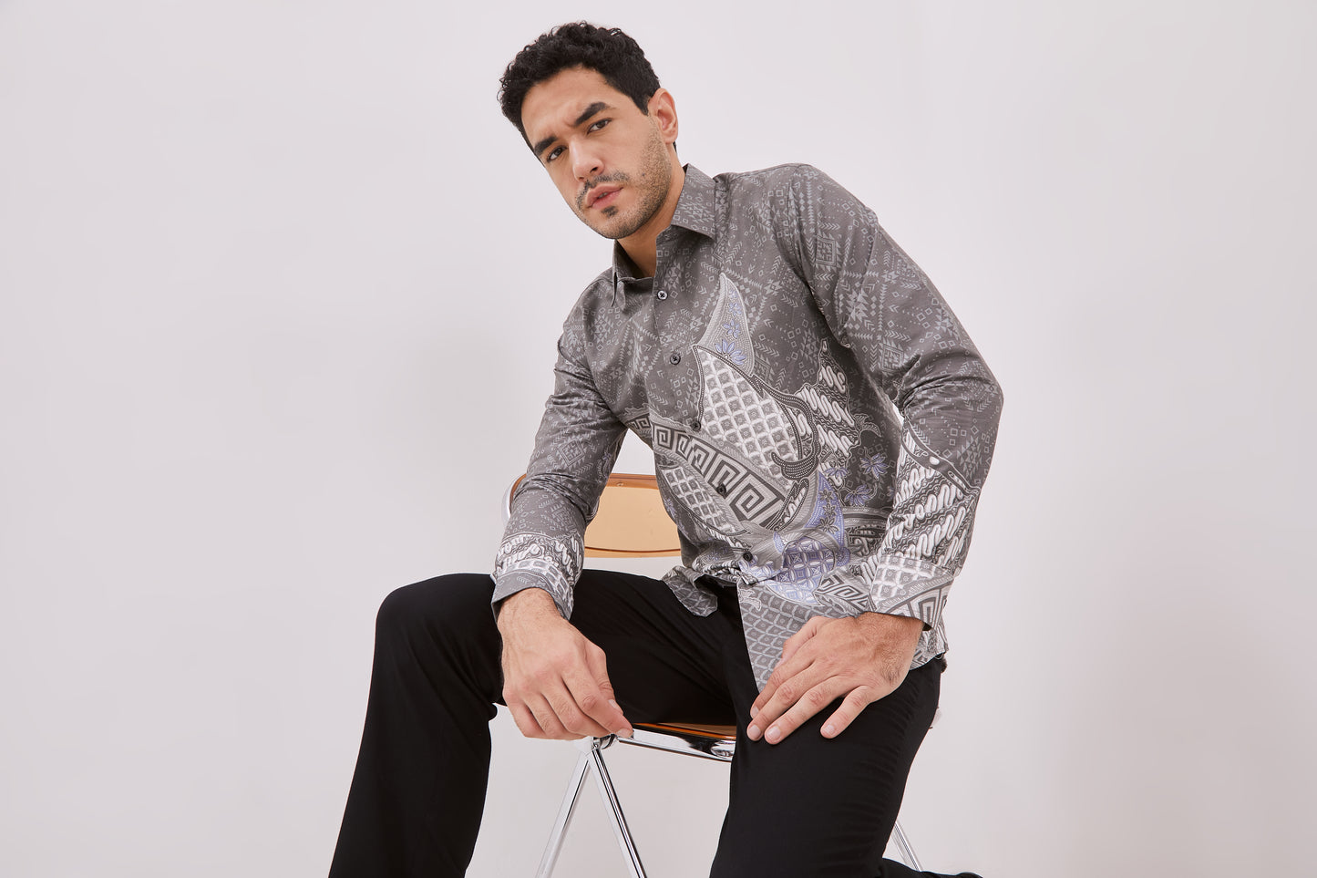 Odza Baju Batik Pesta Lengan Panjang Pria Slim Fit Panggenan Abu-abu