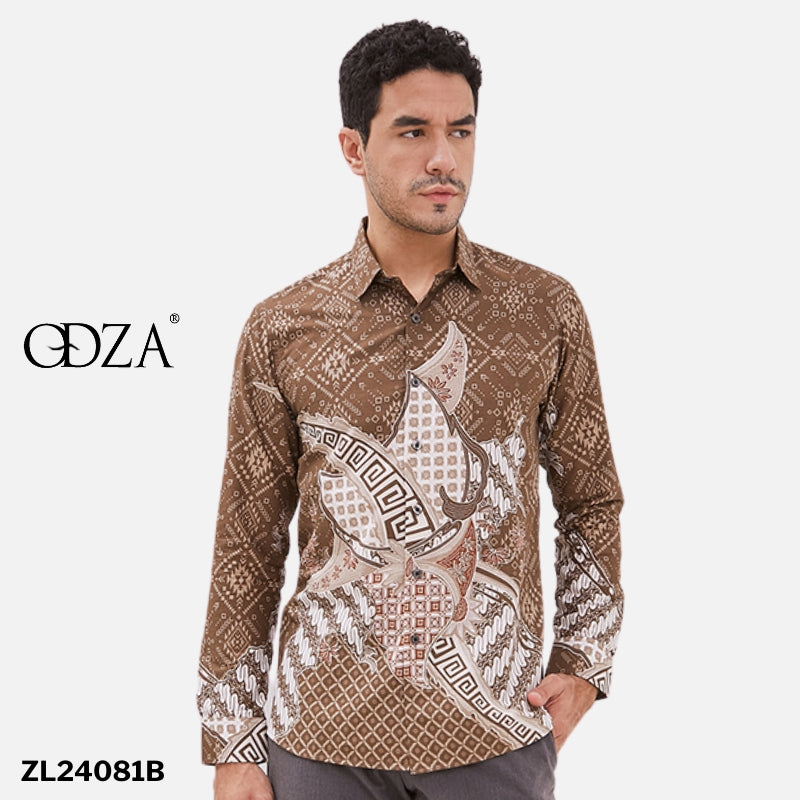 Odza Baju Batik Pesta Lengan Panjang Pria Slim Fit Panggenan Coklat