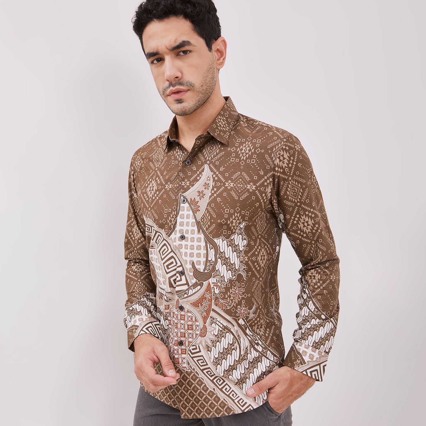 Odza Baju Batik Pesta Lengan Panjang Pria Slim Fit Panggenan Coklat