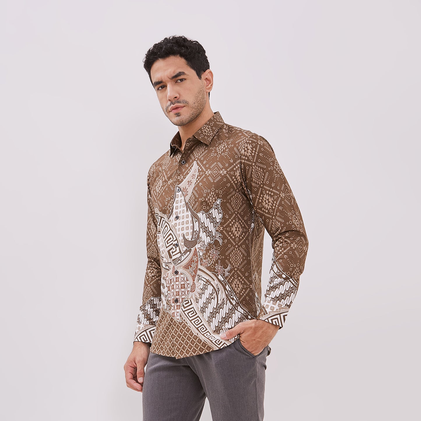 Odza Baju Batik Pesta Lengan Panjang Pria Slim Fit Panggenan Coklat