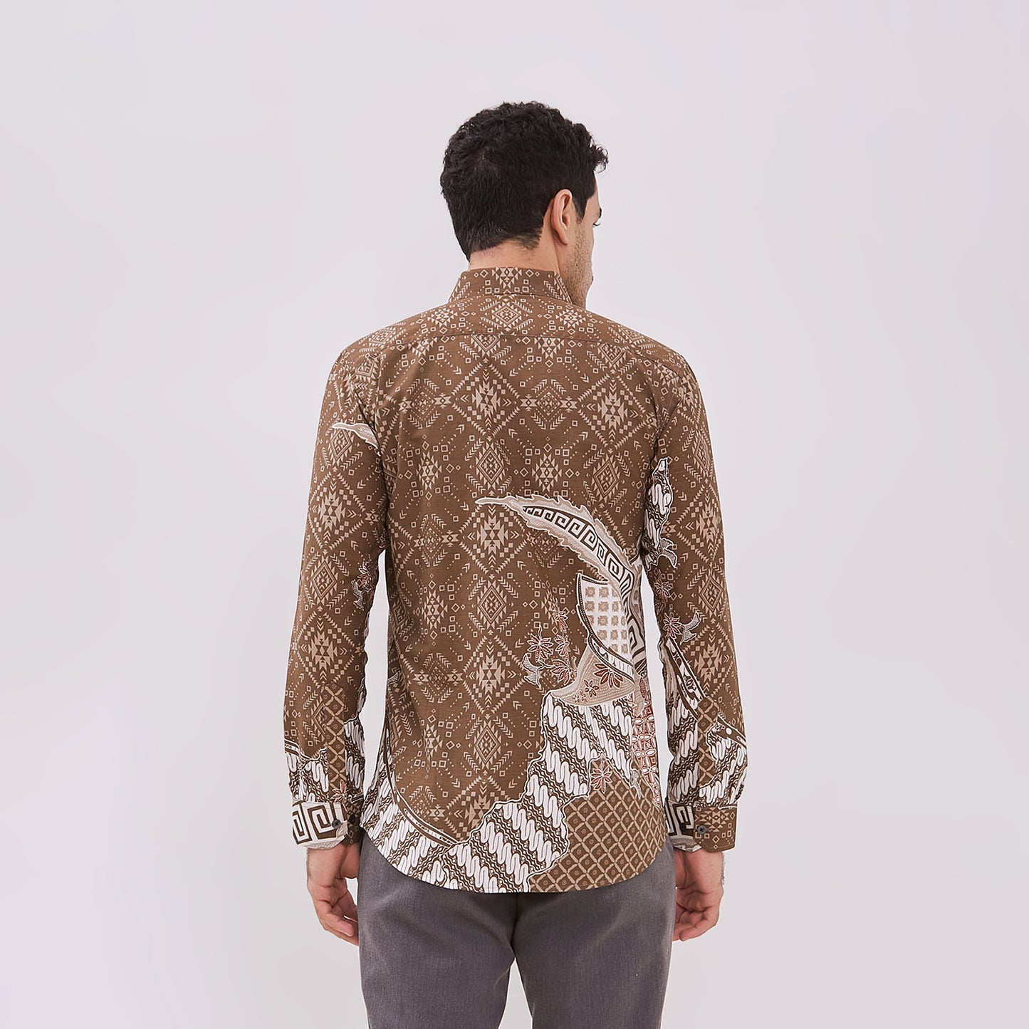Odza Baju Batik Pesta Lengan Panjang Pria Slim Fit Panggenan Coklat