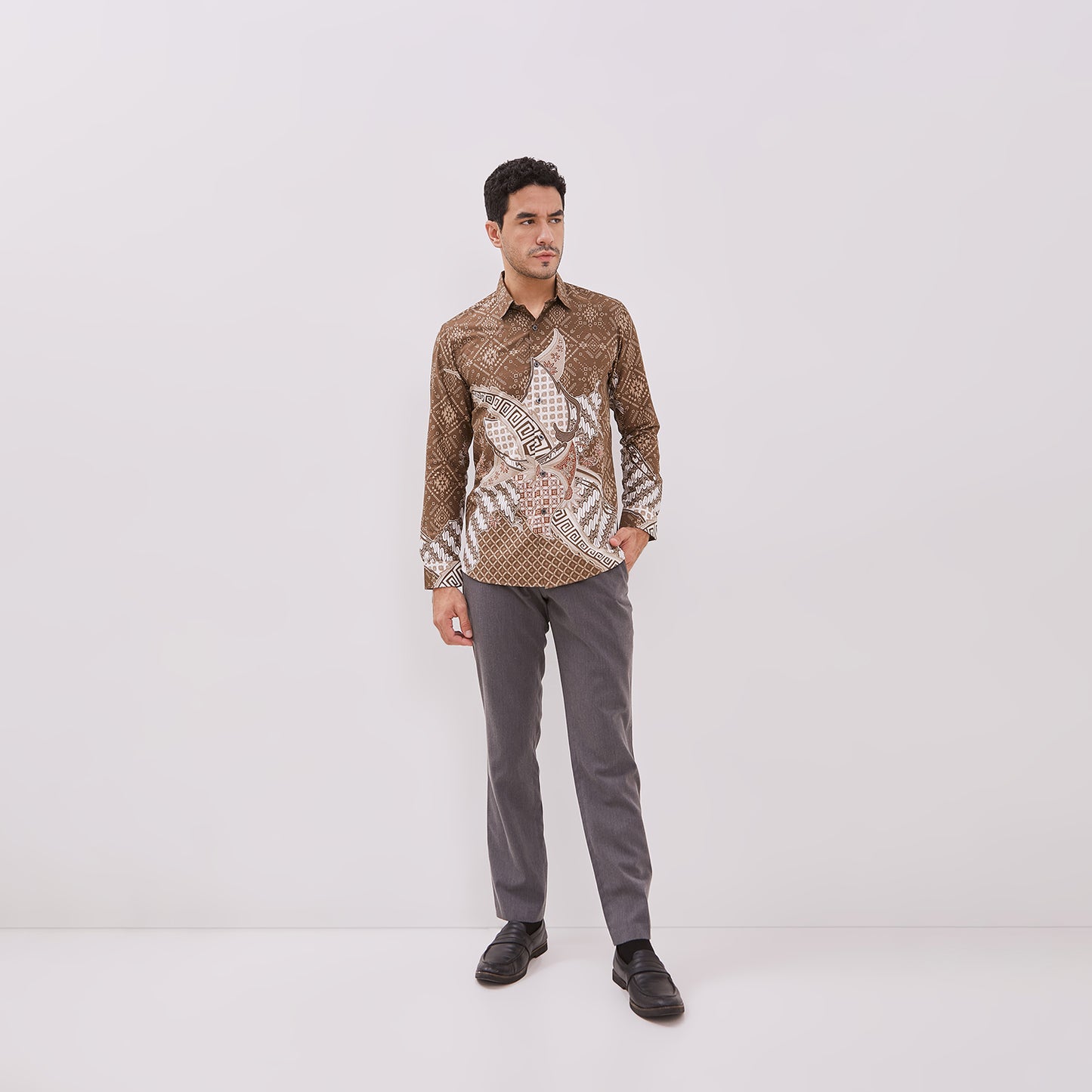Odza Baju Batik Pesta Lengan Panjang Pria Slim Fit Panggenan Coklat